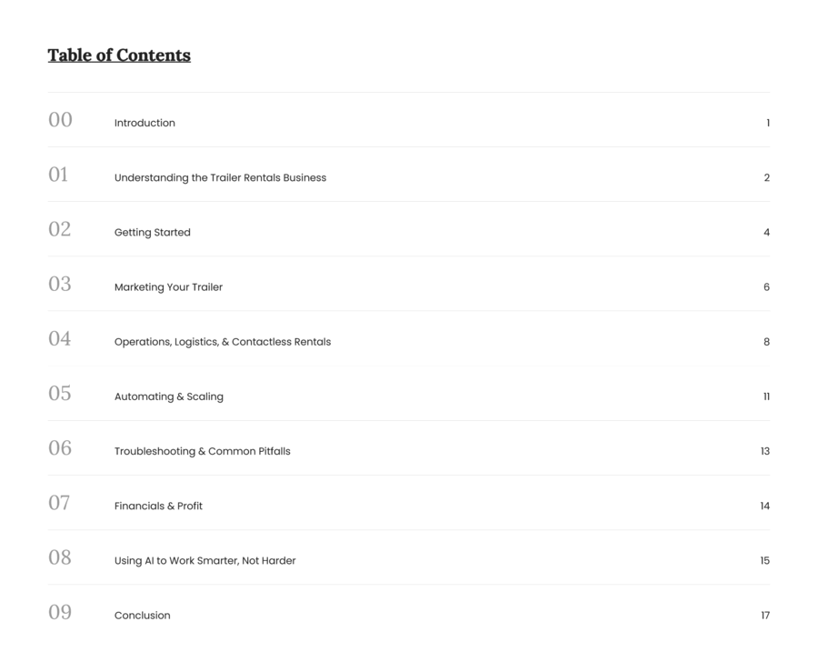 Real table of contents page from The Ultimate Trailer Rental Playbook PDF
